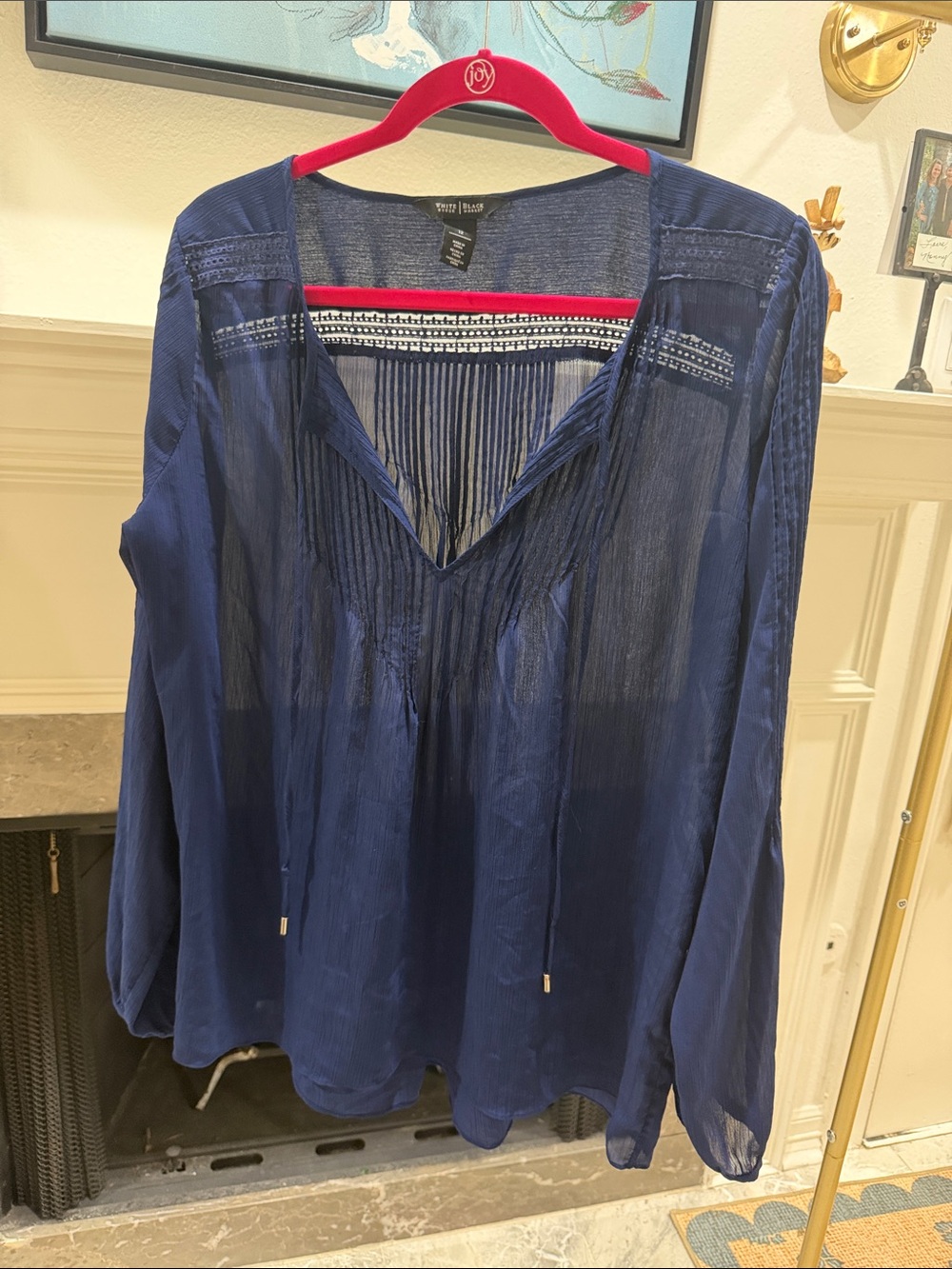 White House Black Market Navy Sheer Pintuck Peasant Blouse